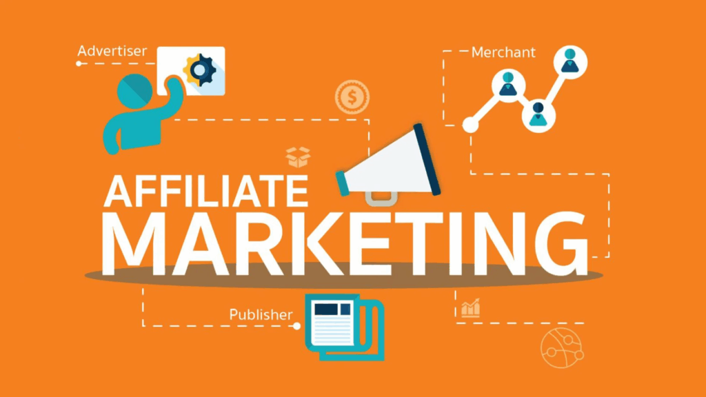 Affiliate marketing diagram showing advertiser, merchant, and publisher roles – strategy to make money online